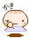 A 4-frame pixel art animation of a round character with brown hair and rosy cheeks holding a magnifying glass over a white plate, set against a gray background.