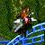 Pixelated figure with brown hair rides a roller coaster car on blue tracks against green foliage background.
