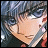 Pixelated anime-style character with blue hair and glasses, side profile against black background with stylized text.