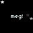 Black background with white pixelated text 'meg!' repeated across three , surrounded by scattered white and gray stars in various sizes
