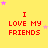 Yellow background with red text "I LOVE MY FRIENDS" repeated in a , surrounded by pink and light pink stars