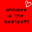 Red background with black pixelated text reading 'annalee is the bestest!!' and a white heart symbol above left text.