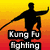 Four- with pixelated images: martial arts silhouette, character with crossed swords, smiling man, and empty gray