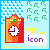 Pixelated clock icon with red frame, yellow flowers on top, and purple 'icon' text in white cloud shape against light blue background.