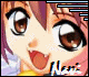 Anime-style character face with brown eyes and purple hair, mouth open in a smile, text "Neri" below, pixelated animation showing eye and mouth movement across frames.