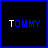 Six display the word TOMMY in blue and white pixelated text on black backgrounds with a blue border, showing variations in letter coloring across frames
