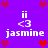 Pixelated purple background with red hearts and white text reading "ii <3 jasmine" in four identical quadrants.