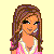Pixel art contact sheet showing multiple frames of a female character in pink top and blue jeans with text overlays "Blonde in the brains" and "Brunette at heart" on yellow background.