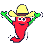 Red chili pepper character with yellow cowboy hat and green arms, shown in four animated poses against gray background.
