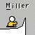 Pixelated yellow figure with white head performs actions on gray background with white shapes; text "Miller" appears above each frame.