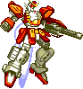 Pixelated mecha robot with red and orange armor, white chest plate, green limbs, blue energy effects on left side, and red-tipped feet.