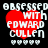 Four pixelated red heart icons with white text "OBSESSED WITH EDWARD CULLEN" and five small white hearts below, displayed in a on black background