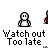 Pixel art animation of two figures with red accents, showing sequential motion against a gray background with repeated text below each frame.