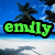 Four display the name 'emily' in different colors over a beach background with palm trees and blue sky