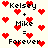 Pixelated red hearts surround black text reading 'Kelsey + Mike = Forever' on a light background, with animated heart positions shifting across frames.