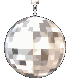 Four silver disco ball icons arranged in a , each with a metallic top and reflective mirrored surface showing pixelated light patterns