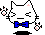 Pixel art cat with blue bow tie, pink inner ears and paw pads, winking expression on left side of frame.