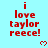 Red pixelated text "i love taylor reece!" repeated across a light blue background with small red heart symbols.