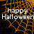 Animated Halloween-themed icon with orange spiderweb background and white text reading 'happy Halloween' in two lines.