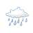 Pixelated cloud icon with light blue outline and white fill, six blue raindrops falling from its base against a solid gray background.