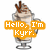 Pixelated coffee drink with whipped cream and chocolate sticks, overlaid with orange text blocks reading "Hello, I'm Kyrr.", "and I collect coffee!", and "I love coffee!(:".