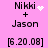 Pixelated text on pink background shows 'Nikki + Jason' with animated white heart and sparkles changing across frames.