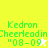 Green pixelated text "Kedron Cheerleading '08-09" on yellow and white background with star symbols.