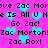 Pixelated text and cyan hearts on a bright pink background with repeated phrases like 'Zac Morton' and 'Go Zac!' in black font.