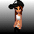 Pixelated character with brown hair and black hat stands against gradient background, legs and text below.