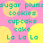 Pixelated text and yellow circles on a pink background with repeated words like 'sugar plums', 'cookies', 'cupcake', 'cake', and 'La La La' in cyan.