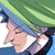 Pixelated anime-style character face with green hair and blue headband, cropped to show only upper portion against solid background.