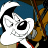 Pixelated cartoon character with white face, black hair, and blue background holding a brown musical instrument.