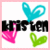 Animated icon with heart symbols and text elements on a white background, featuring color changes in hearts.