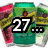 A green cylindrical container with red and yellow accents displays the number 27 in bold white numerals, accompanied by four black dots below it.