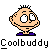 Pixelated cartoon character icon with peach skin, spiky black hair, wide eyes, and purple shirt against gray background, labeled "Coolbuddy" below.