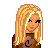 Pixel art contact sheet showing two frames of a Hershey's Kisses-themed animated buddy icon with a blonde character and chocolate kiss prop.