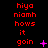 Red text on black background reads 'hiya niamh hows it goin' with pink symbols changing across frames. Animation shows symbol transitions from plus to star to X and back, with scattered purple dots appearing in later frames.