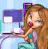 Pixelated cartoon character with long brown hair and cat ears holding a phone, next to green text reading "Original Icons .com" on dark background.