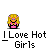 Pixel art icon with blonde hair, pink top, and blue pants; text below reads "I Love Hot Girls"; animation shows head turning left to right.