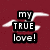 Pixelated text on a maroon background with white motion trails, displaying 'my true love!' and '-hollister!'