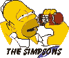 Homer Simpson in yellow shirt holds red camera, mouth open, eyes closed in one frame, eyes open in another, with 'THE SIMPSONS' text below on gray background.