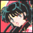 Pixelated anime-style character with dark teal and black hair wearing a red outfit, next to stylized text on a black background.