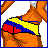 Animated contact sheet showing a pixelated character in Colombian-themed swimwear with text labels, featuring multiple frames of the same figure from different angles and poses.
