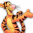 Pixelated orange tiger with black stripes, pink nose, and open mouth on white background; four text blocks in orange pixel font on black background.