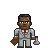 Pixelated character in gray suit with red tie holding brown object and blue-topped flask against gray background.