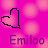 Pixelated heart outline icon with 'Emiloo' text below, pink background with blurred circles.