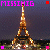 Animated Eiffel Tower at night with changing text and colored squares in a