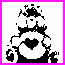 Pixelated black-and-white character with heart-shaped chest, surrounded by colored borders in a