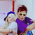 Two pixelated figures stand side-by-side; one wears a blue cap and white shirt, the other purple top with yellow sunglasses.