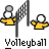 Animated volleyball-themed buddy icon featuring yellow stick figures playing on a gray background with visible net and ball in multiple frames.